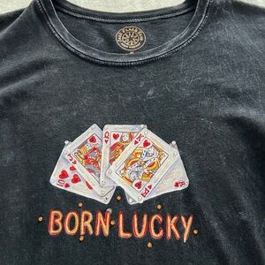 Black 'Born Lucky' Graphic T-Shirt vintage with rhinestones!